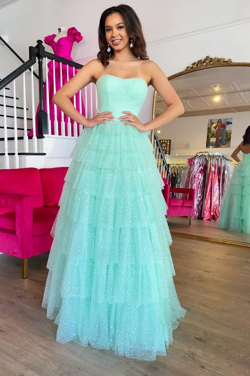 Strapless A-line Tiered Party Prom Dress With Side Slit