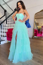 Strapless A-line Tiered Party Prom Dress With Side Slit