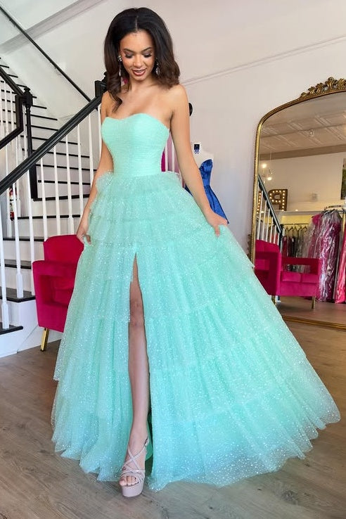 Strapless A-line Tiered Party Prom Dress With Side Slit