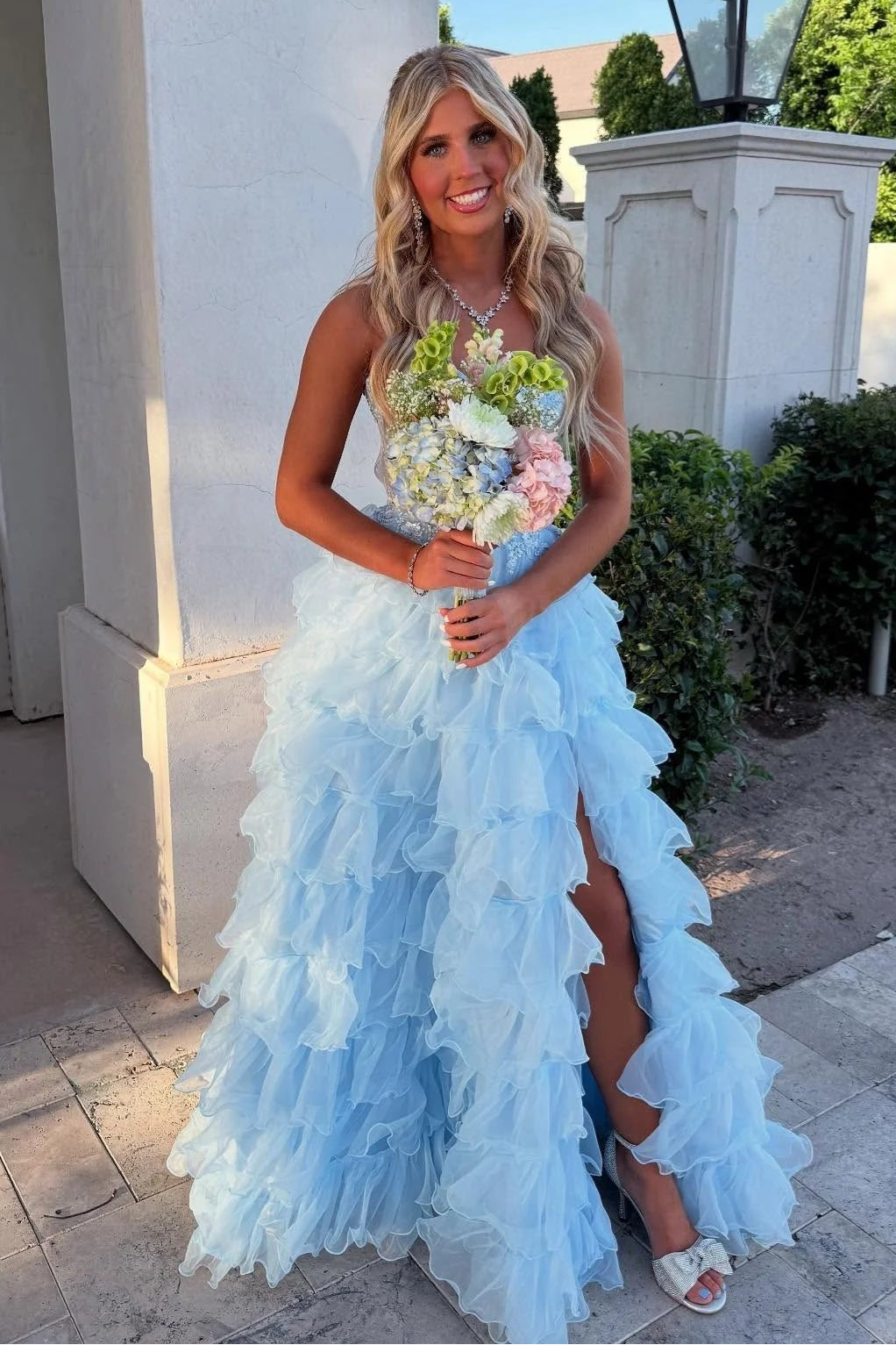 Sweetheart Strapless Sheer Empire Tiered Tulle A-Line Party Prom Dress
