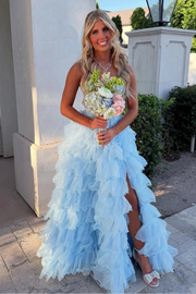 Sweetheart Strapless Sheer Empire Tiered Tulle A-Line Party Prom Dress
