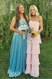 Blue Satin A-Line Sweetheart Strapless Party Prom Dress With Slit