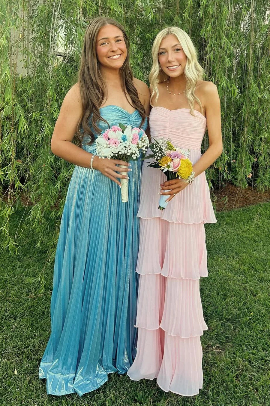 Blue Satin A-Line Sweetheart Strapless Party Prom Dress With Slit