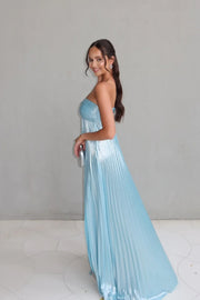 Blue Satin A-Line Sweetheart Strapless Party Prom Dress With Slit