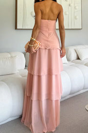 Strapless Chiffon A-Line Empire Tiered Maxi Party Prom Dress