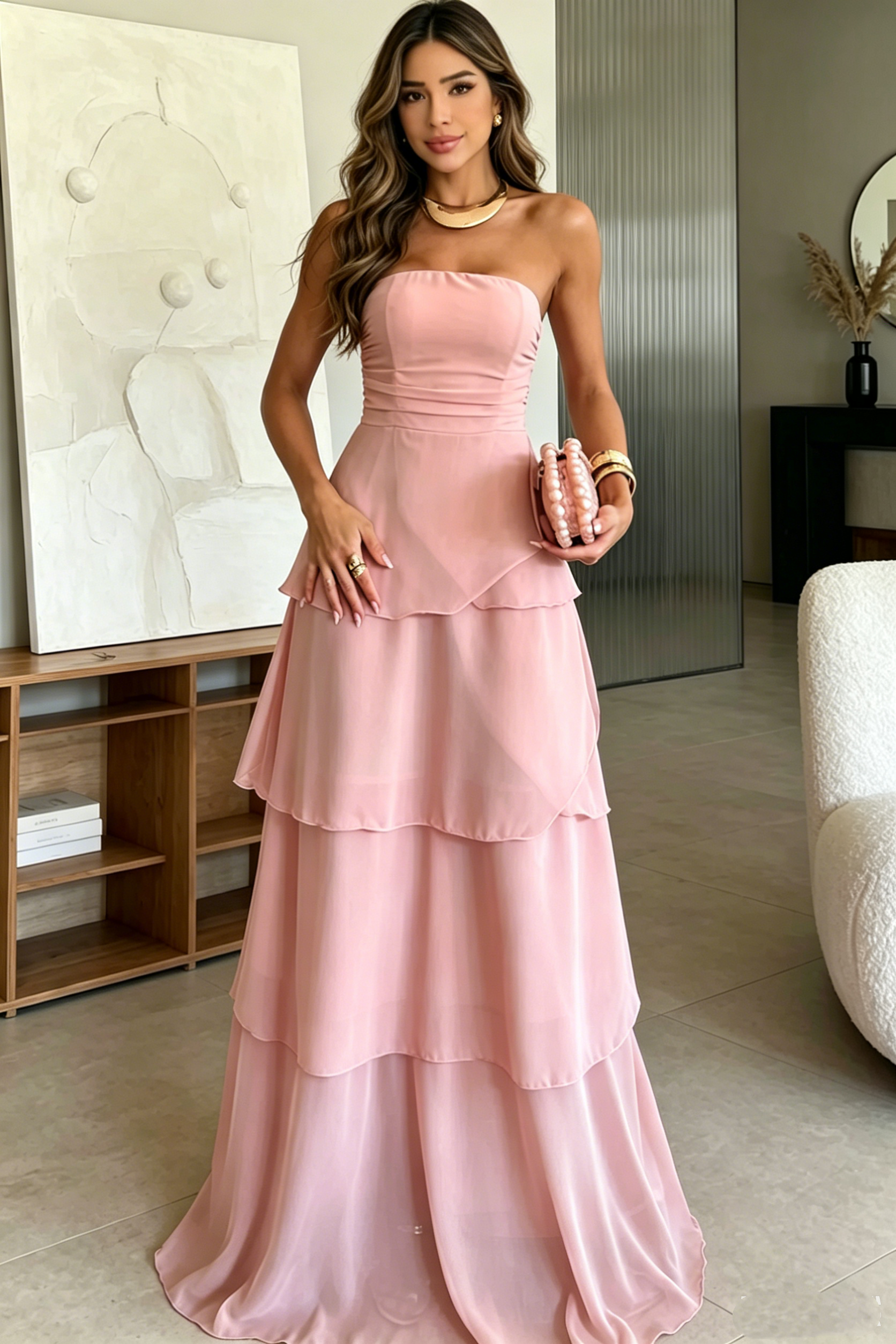 Strapless Chiffon A-Line Empire Tiered Maxi Party Prom Dress