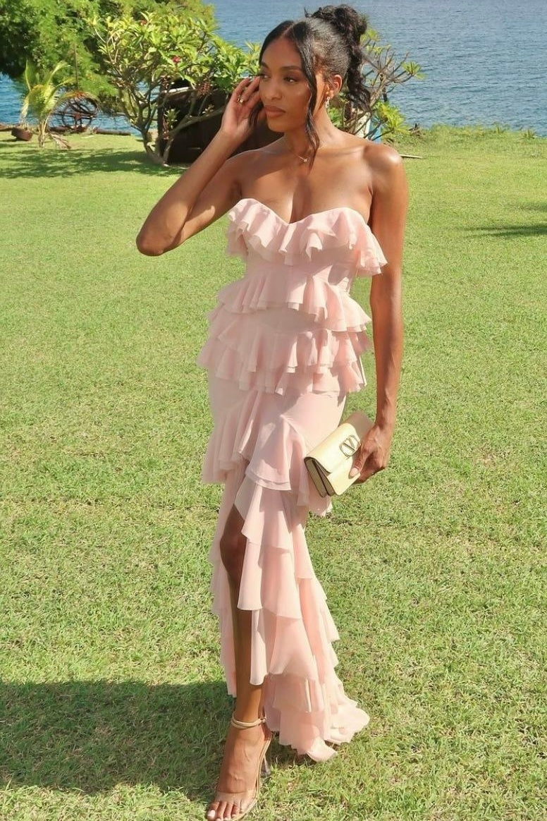 Strapless Chiffon Fitted Ruffle Party Prom Dress With Slit 