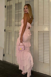 Strapless Chiffon Fitted Ruffle Party Prom Dress With Slit 