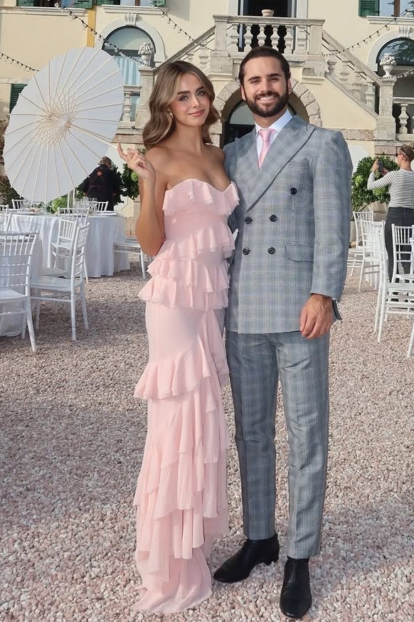 Strapless Chiffon Fitted Ruffle Party Prom Dress With Slit 