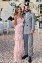 Strapless Chiffon Fitted Ruffle Party Prom Dress With Slit 