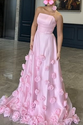 Strapless Empire A-Line 3D Florals Party Prom Dress