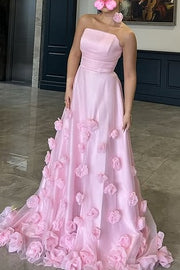 Strapless Empire A-Line 3D Florals Party Prom Dress