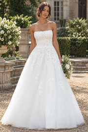 Strapless Empire A-Line Lace Appliques Tulle Floor-Length Wedding Dress
