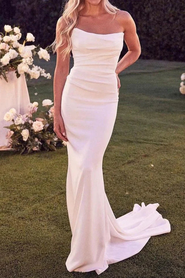 Strapless Empire Fitted Ruched Long Satin Wedding Dress White / US 16 Strapless Empire Fitted Ruched Long Satin Wedding Dress White / US 16