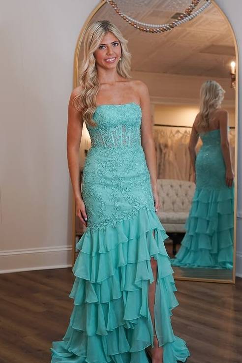 Strapless Empire Lace And Chiffon Tiered Train Formal Party Dress