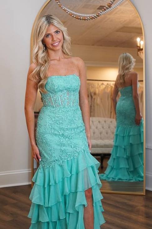 Strapless Empire Lace And Chiffon Tiered Train Formal Party Dress