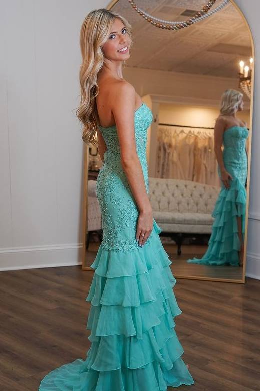 Strapless Empire Lace And Chiffon Tiered Train Formal Party Dress