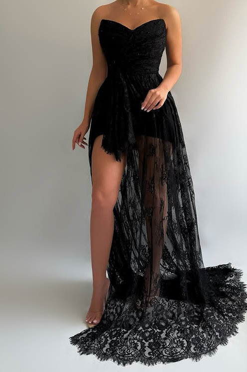Strapless Empire Lace Party Prom Dress With Leg Slit
