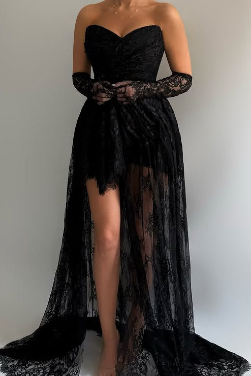 Strapless Empire Lace Party Prom Dress With Leg Slit