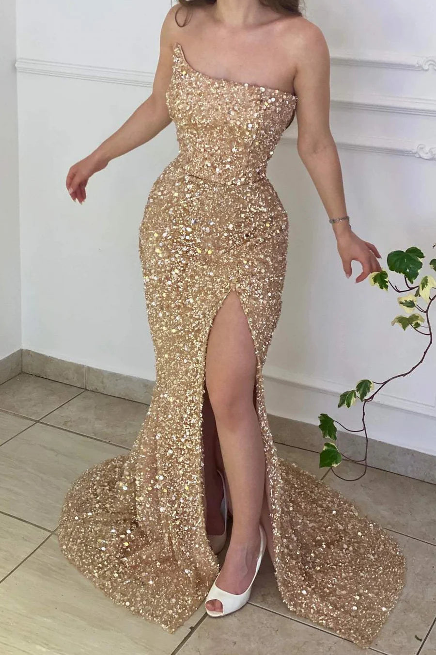 Strapless Empire Mermaid Sequins Prom Dress With Slit