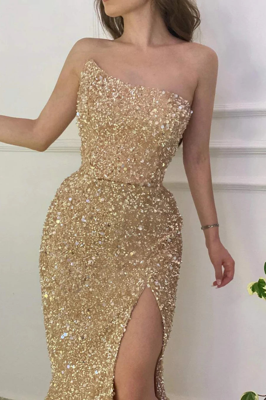 Strapless Empire Mermaid Sequins Prom Dress With Slit