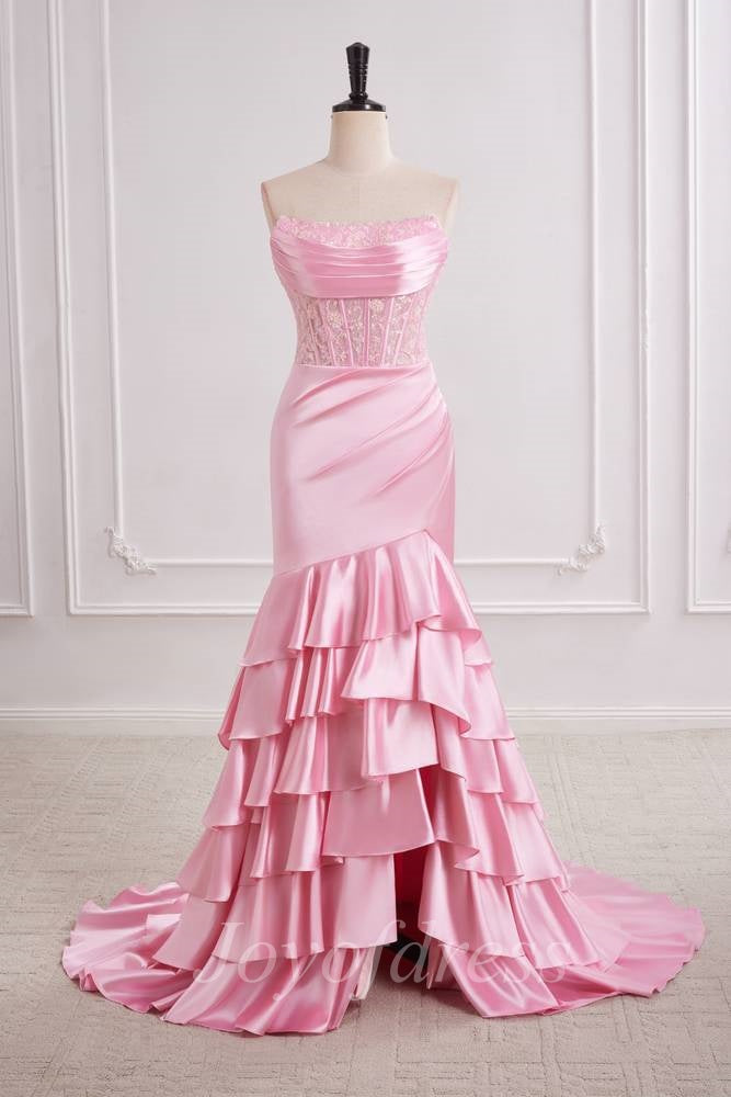 Strapless Empire Satin And Lace Prom Dress With Tiered Train