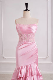 Strapless Empire Satin And Lace Prom Dress With Tiered Train