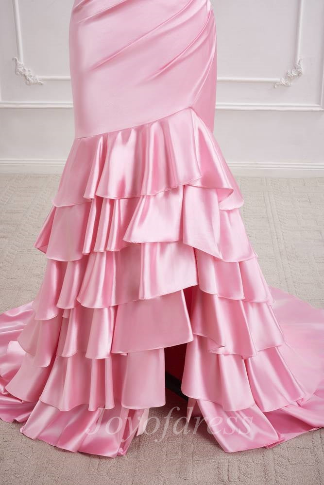 Strapless Empire Satin And Lace Prom Dress With Tiered Train