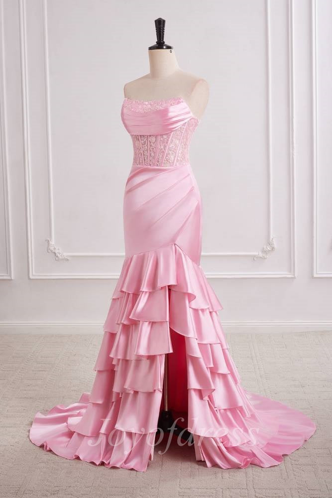 Strapless Empire Satin And Lace Prom Dress With Tiered Train