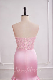 Strapless Empire Satin And Lace Prom Dress With Tiered Train