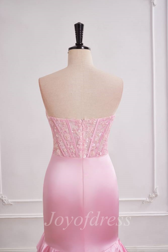 Strapless Empire Satin And Lace Prom Dress With Tiered Train