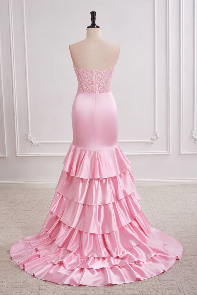 Strapless Empire Satin And Lace Prom Dress With Tiered Train