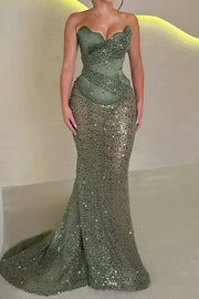 Strapless Empire Satin And Sequin Mermaid Party Prom Dress