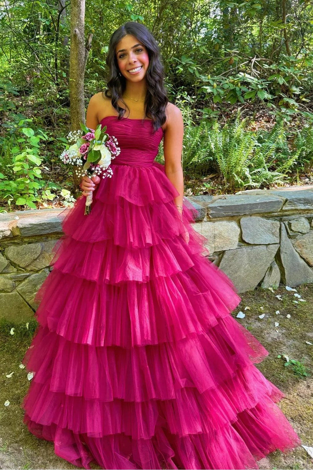 Pleated Strapless Tulle A-Line Tiered Long Party Prom Dress