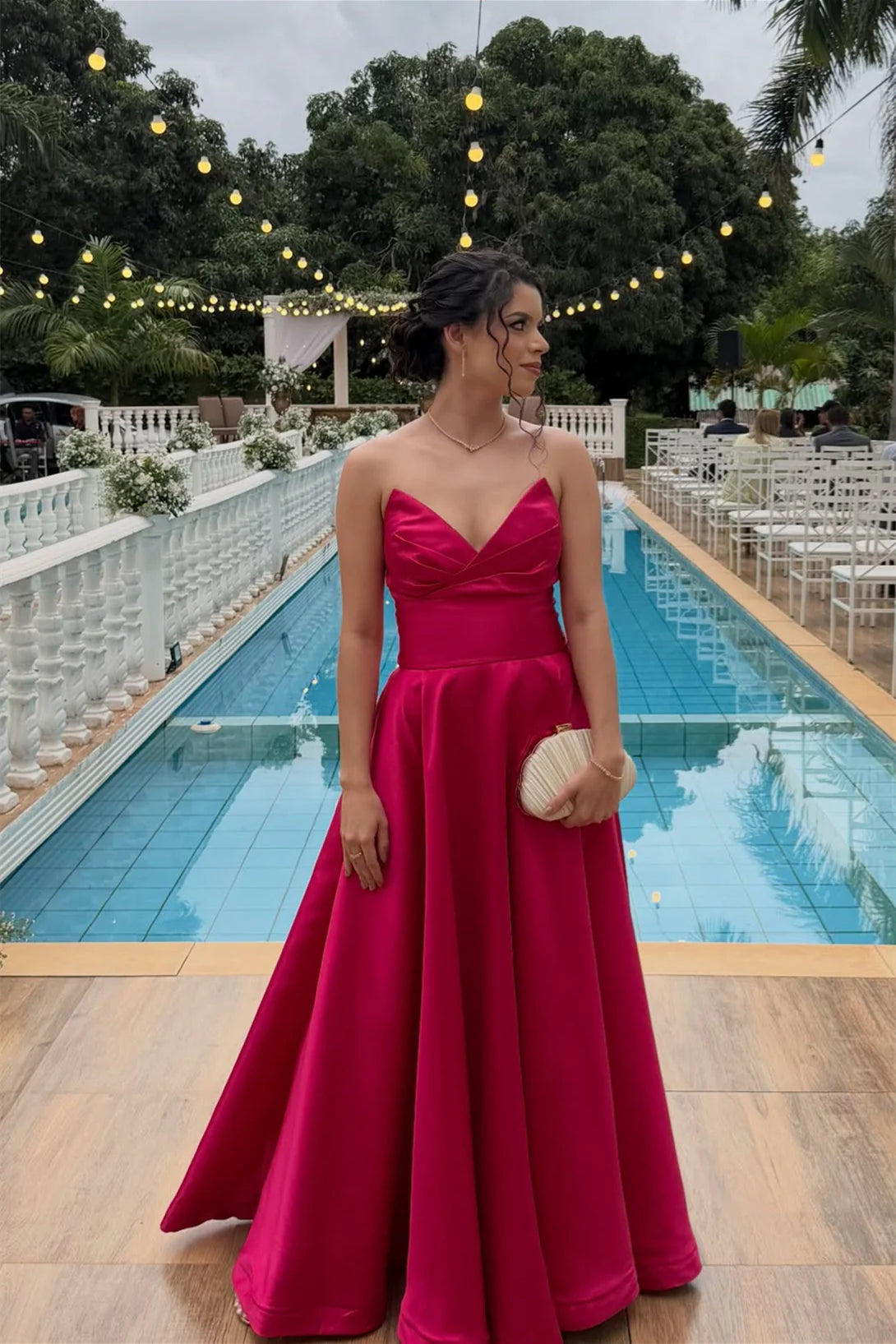 Casual Satin A-Line Strapless Lace-Up Party Prom Dress