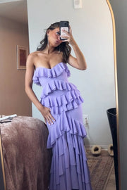 Strapless Chiffon Fitted Ruffle Party Prom Dress With Slit