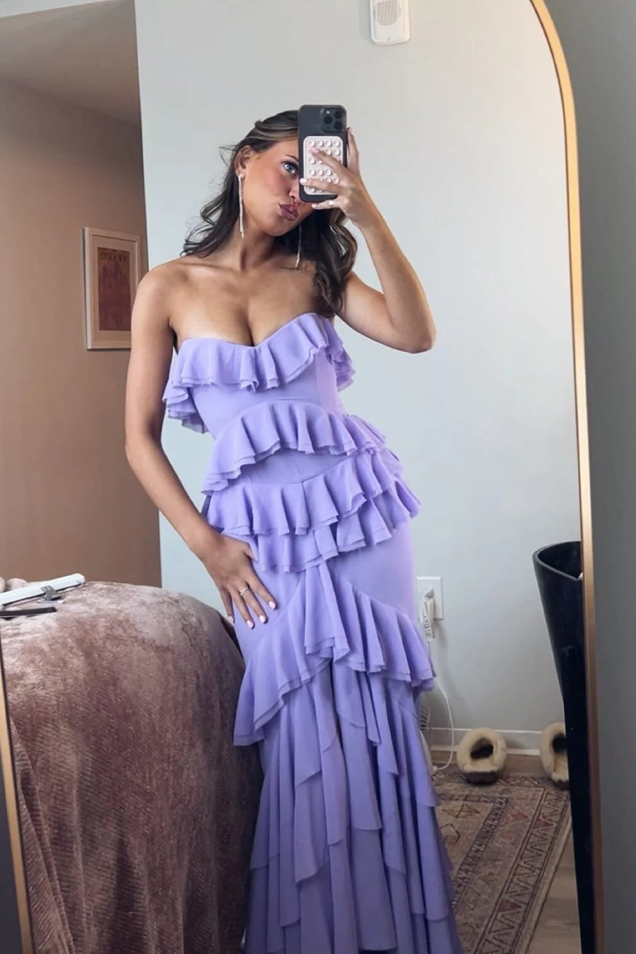 Strapless Chiffon Fitted Ruffle Party Prom Dress With Slit