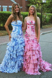 Strapless Mermaid Chiffon Tiered Party Prom Dress With Slit 