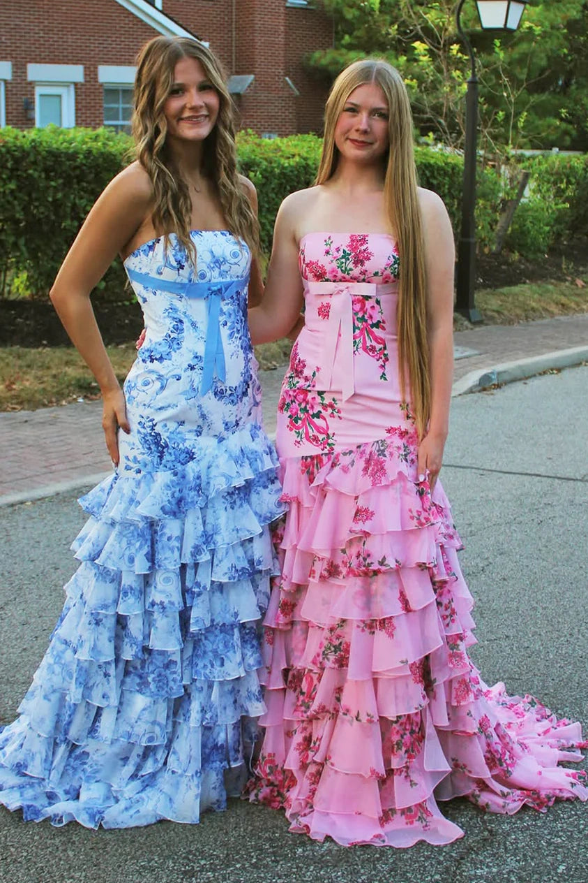 Strapless Mermaid Chiffon Tiered Party Prom Dress With Slit 