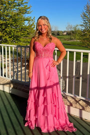 Chiffon A-Line Sweetheart Strapless Tiered Party Prom Dress