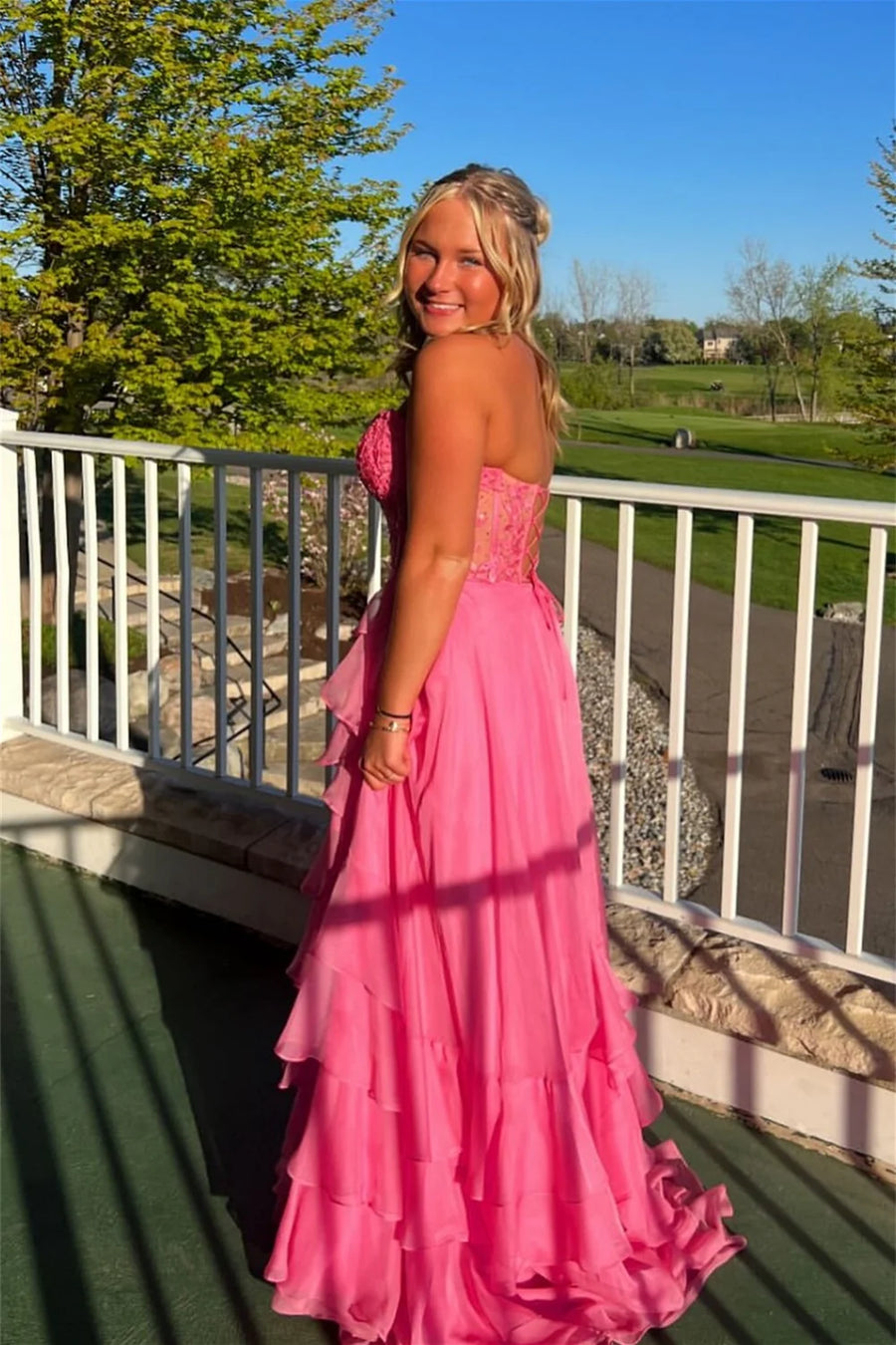 Chiffon A-Line Sweetheart Strapless Tiered Party Prom Dress