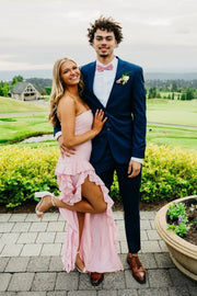 Strapless Empire Satin A-Line Ruffled Party Prom Dress With High Slit