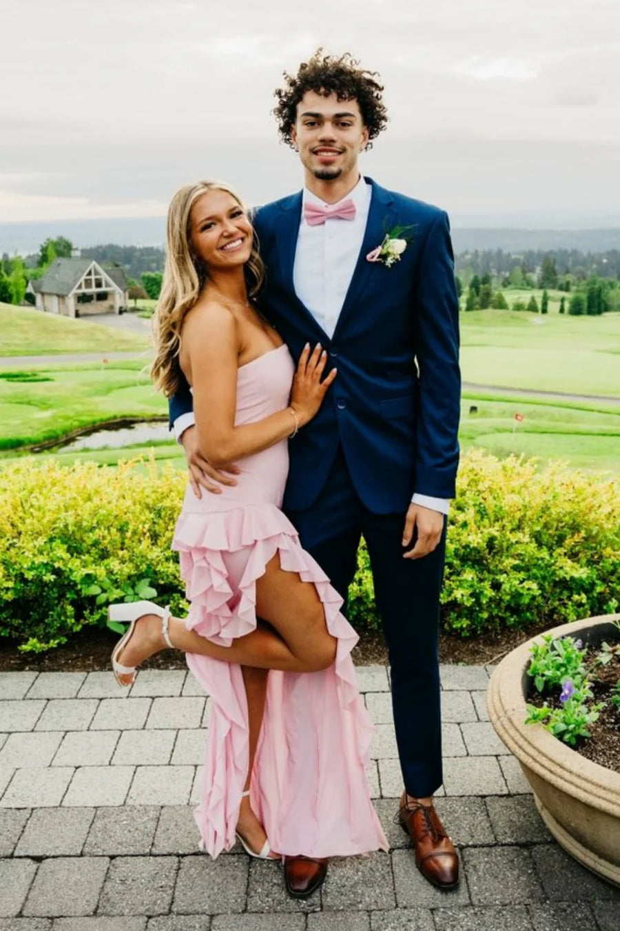 Strapless Empire Satin A-Line Ruffled Party Prom Dress With High Slit