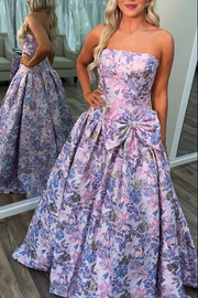 Strapless Satin A-Line Floral Empire Long Party Prom Dress