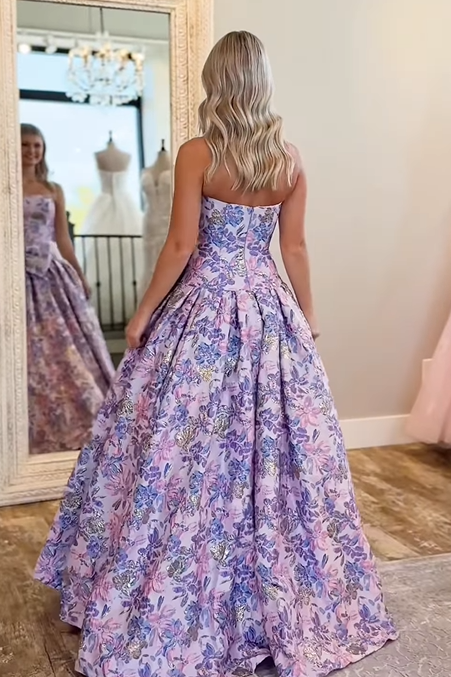 Strapless Satin A-Line Floral Empire Long Party Prom Dress