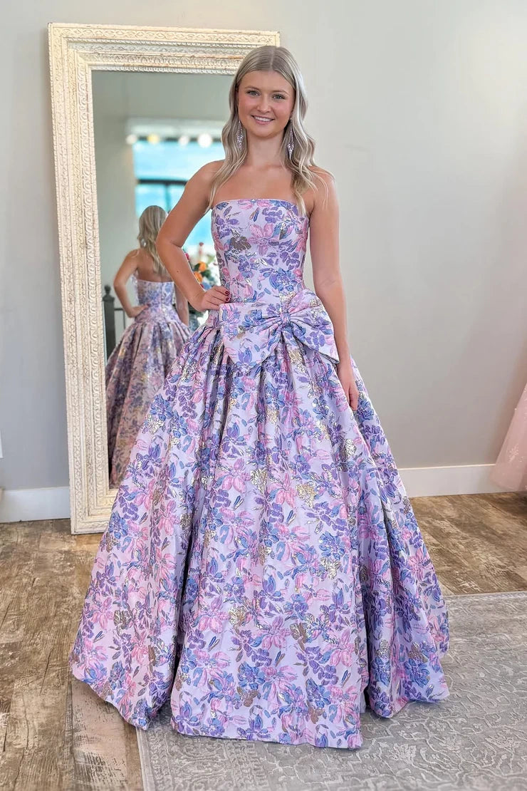 Strapless Satin A-Line Floral Empire Long Party Prom Dress