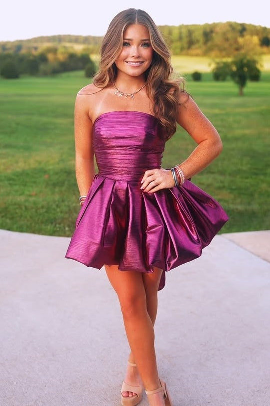 Strapless Satin A-Line High Waist Party Prom Dress With Bow