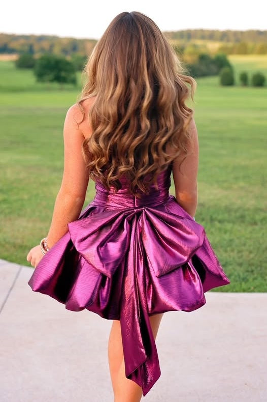 Strapless Satin A-Line High Waist Party Prom Dress With Bow