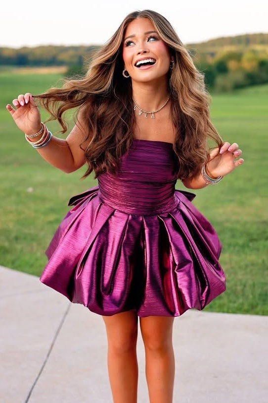 Strapless Satin A-Line High Waist Party Prom Dress With Bow