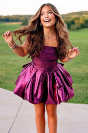 Strapless Satin A-Line High Waist Party Prom Dress With Bow